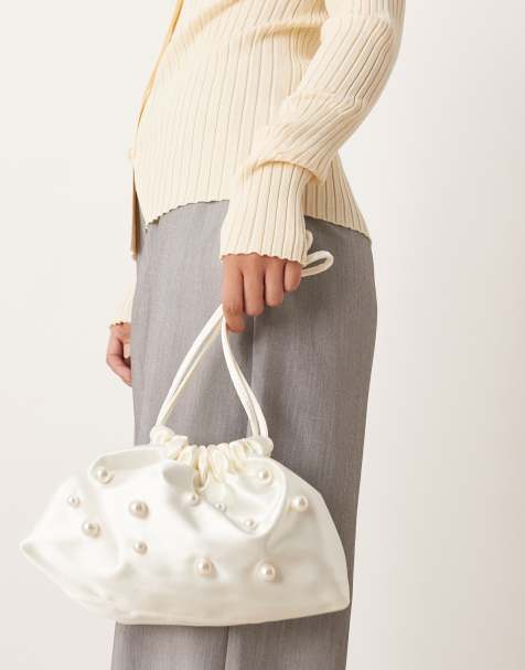 My Accessories satin pouch bag with pearls in cream - view 1