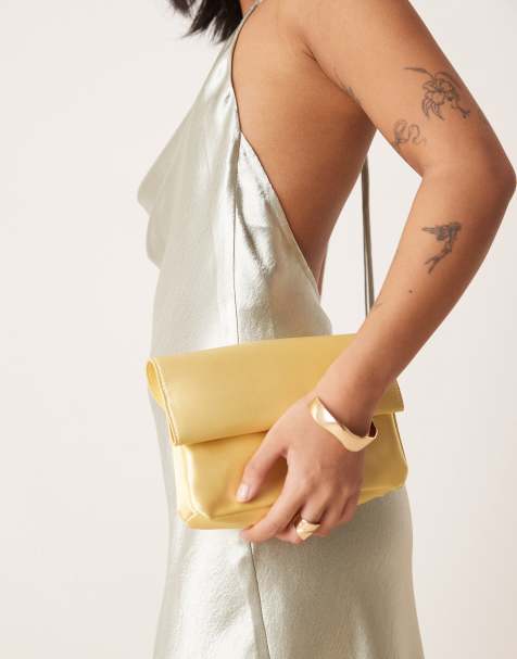 My Accessories satin roll top clutch bag in pale yellow - view 1