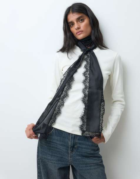 My Accessories satin scarf med uddspets i svart - view 1