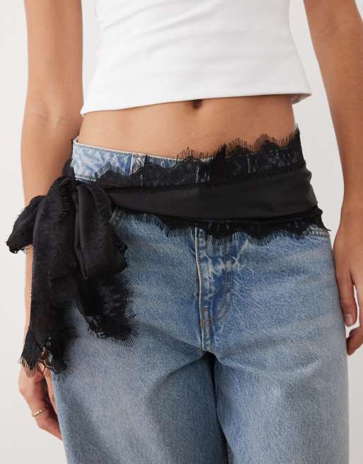 My Accessories satin scarf with scallop lace in black, 2 of 3