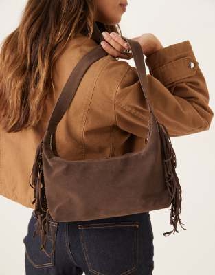 My Accessories - Schultertasche aus Wildlederimitat in Braun mit Fransen-Brown