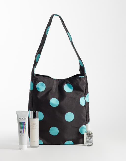 My Accessories – Schultertasche in Dunkelbraun mit blauen Polka Dots, 2 von 4