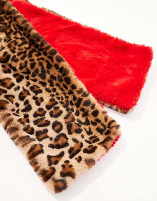 My Accessories - Sciarpa in pelliccia sintetica rossa e con stampa leopardata, 3 di 4