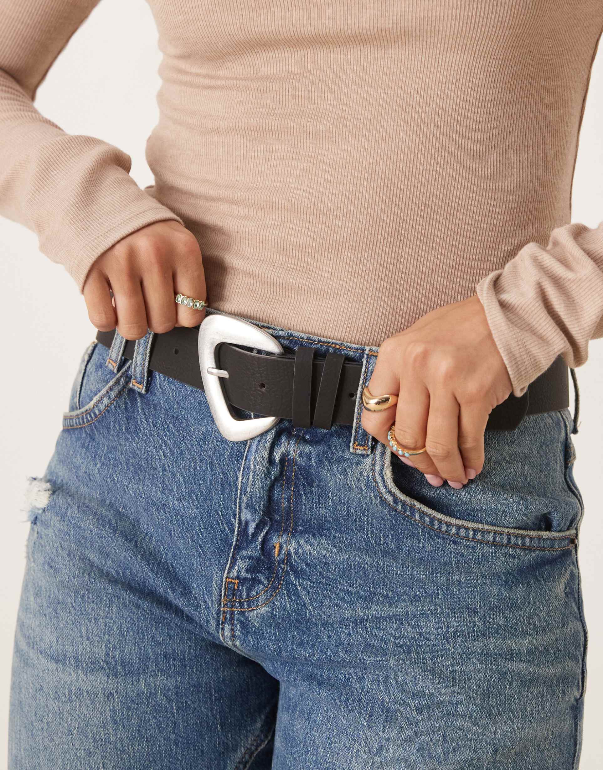 my accessories sculptural buckle belt in black and brushed silver