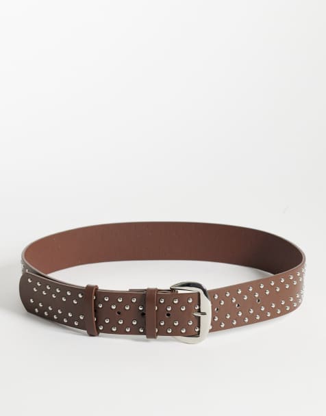 My Accessories silver studded belt in brown - view 1