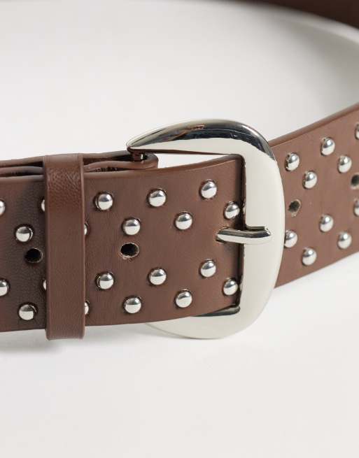 My Accessories silver-tone studded belt in brown, 2 of 3