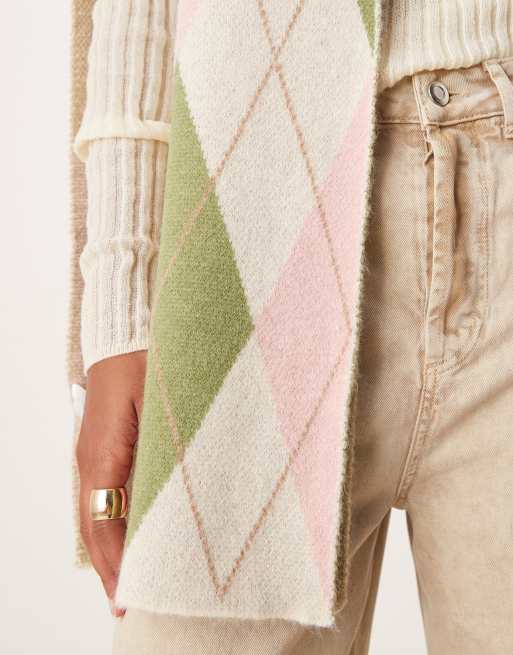 My Accessories - Sjaal met Argyle ruit in crème, roze en groen, 4 van 4