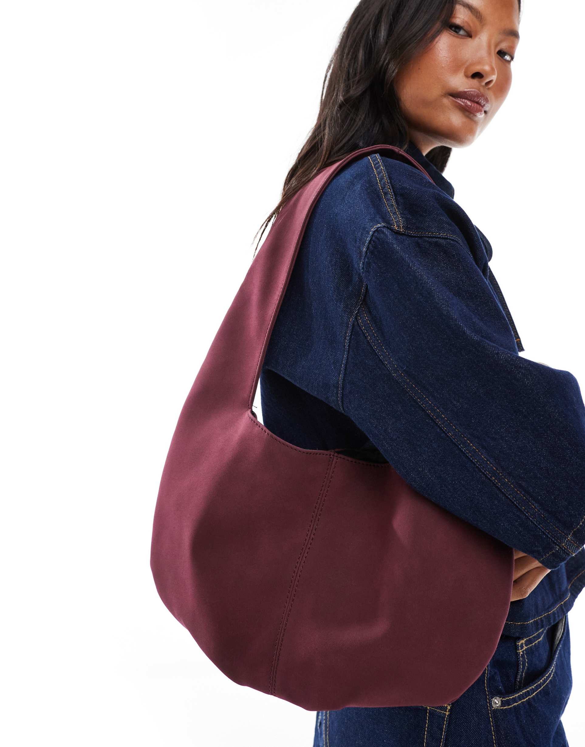 my accessories slouchy round faux suede shoulder bag in burgundy