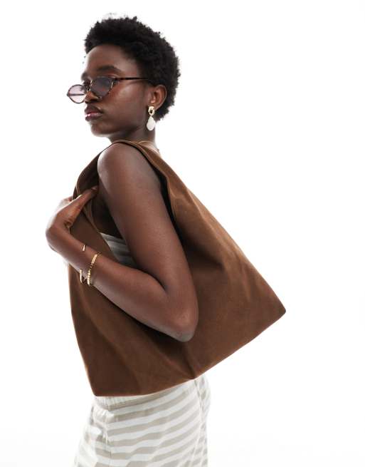 My Accessories slouchy square faux suede shoulder bag in brown