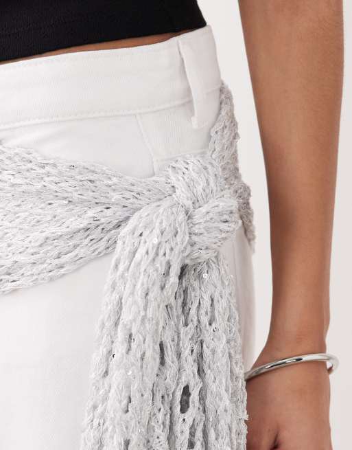 My Accessories - Sølvfarvet hæklet halstørklæde/bælte med pailletter, 2 af 3