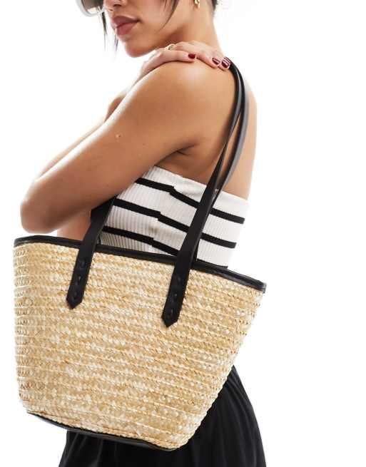 My Accessories – Słomkowa torba typu tote w naturalnym kolorze z kontrastowymi paskami