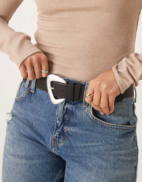 My Accessories - Sort bælte med skulpturelt spænde i børstet sølvfarve - view 1