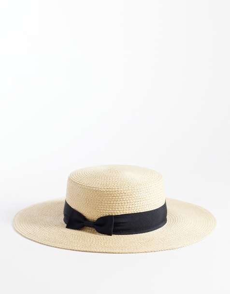 My Accessories straw boater hat with black ribbon trim in natural