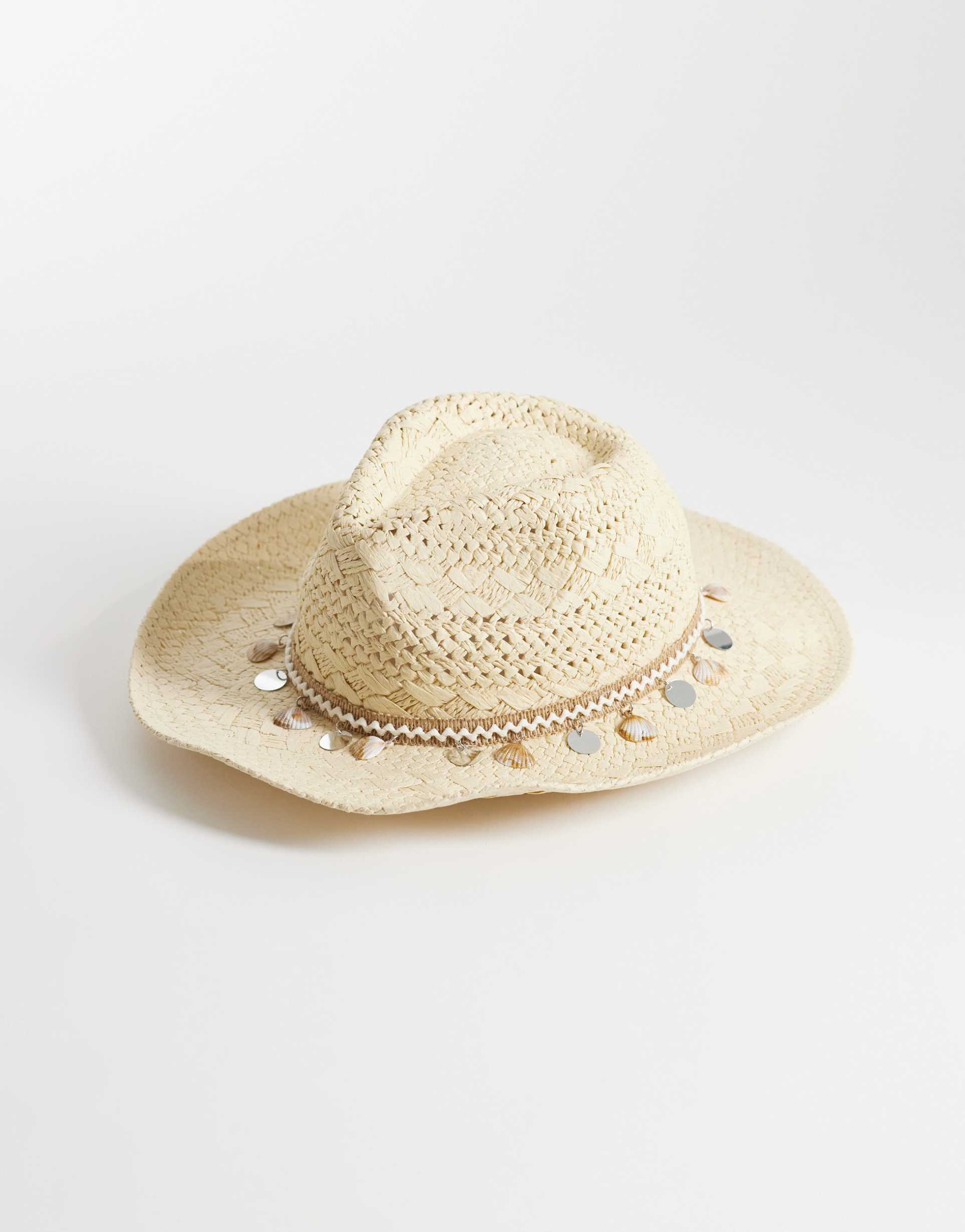 my accessories straw cowboy hat in beige with shell trim