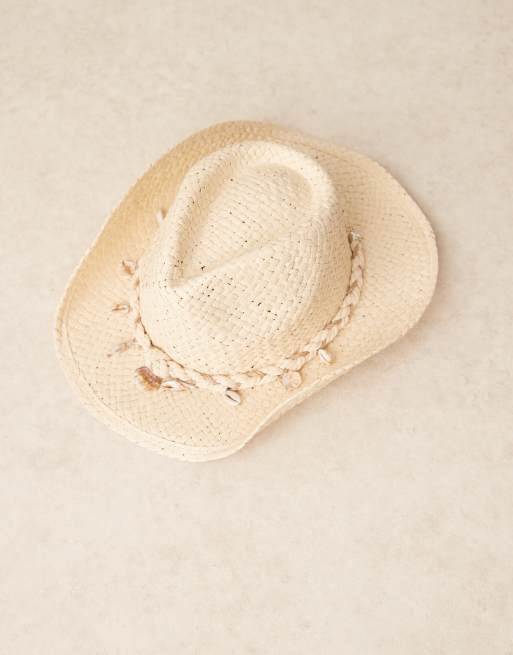 My Accessories straw cowboy hat with shell trim in beige | ASOS
