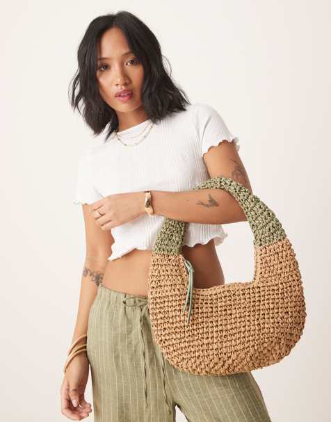 My Accessories straw grab bag in green and natural beige - view 1
