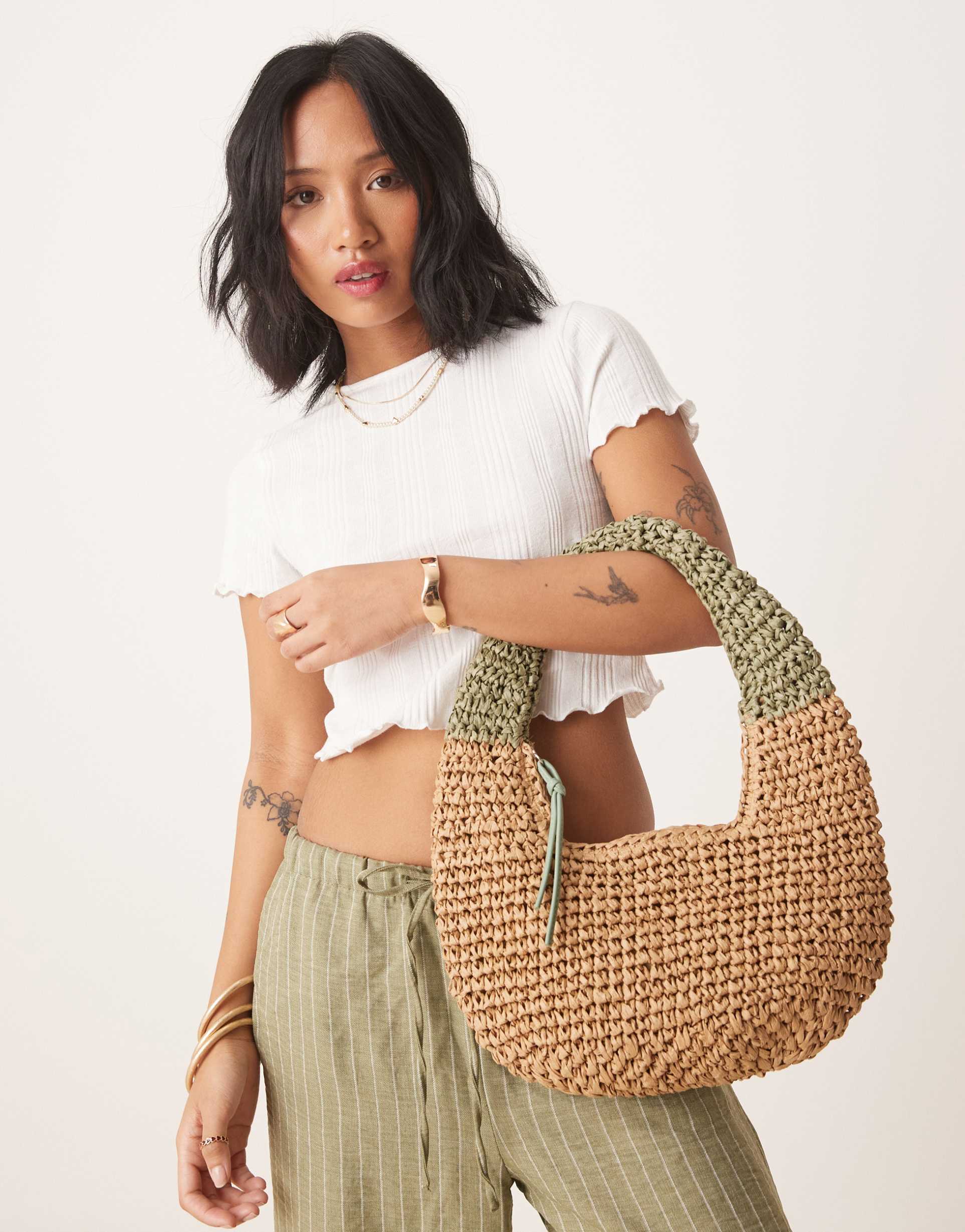 my accessories straw grab bag in green and natural beige