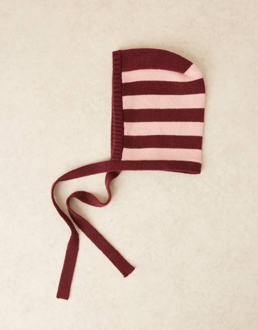 My Accessories striped knit bonnet in pink and burgundy, 2 of 3