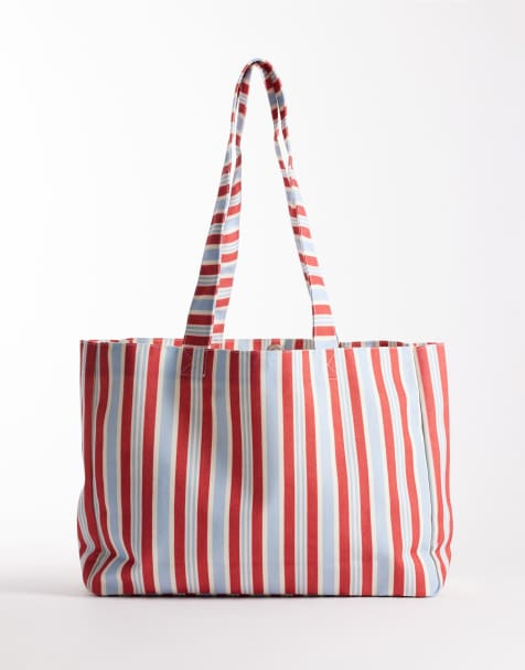 My Accessories striped large canvas tote bag in red and blue - view 1