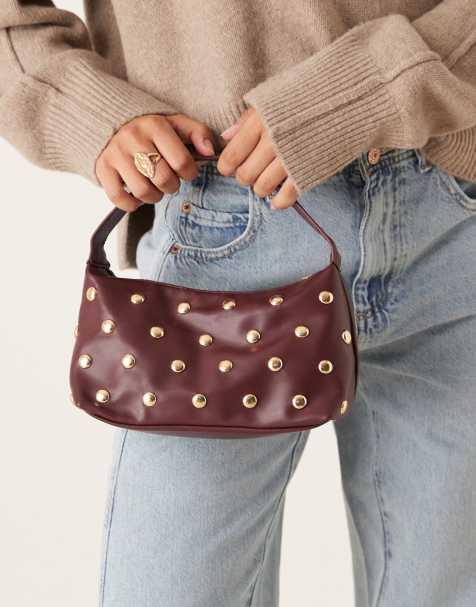 My Accessories studded grab bag in burgundy - view 1