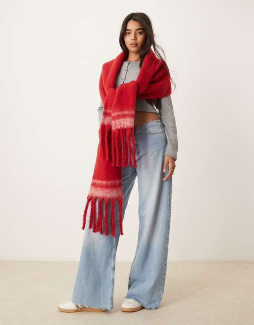 My Accessories super soft oversized blanket scarf with stripe in red, 3 of 4