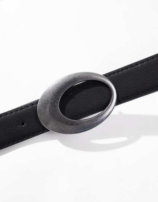 My Accessories – Svart och silverfärgat skärp med ovalt spänne i antik stil, 2 av 4