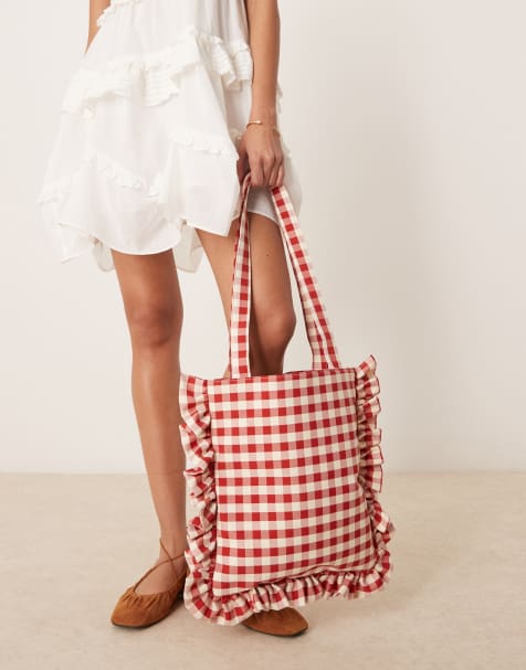 My Accessories – Torba typu tote z falbanką w czerwono-białą kratkę vichy - view 1