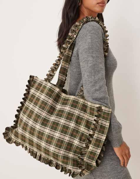 My Accessories - Tote tas met ruches en olijfgroene ruitprint - view 1