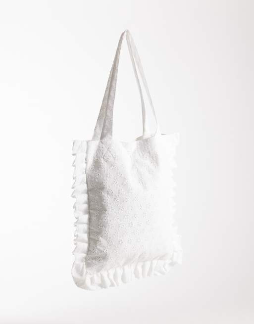 My Accessories - Tote tas van broderie anglais met ruches in wit, 3 van 4