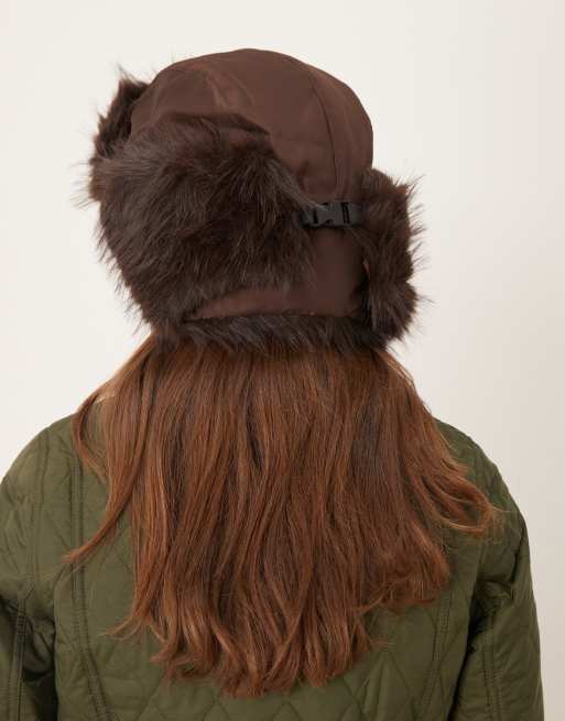 My Accessories – Trappermütze aus Nylon und Kunstpelz in Schokobraun, 2 von 3