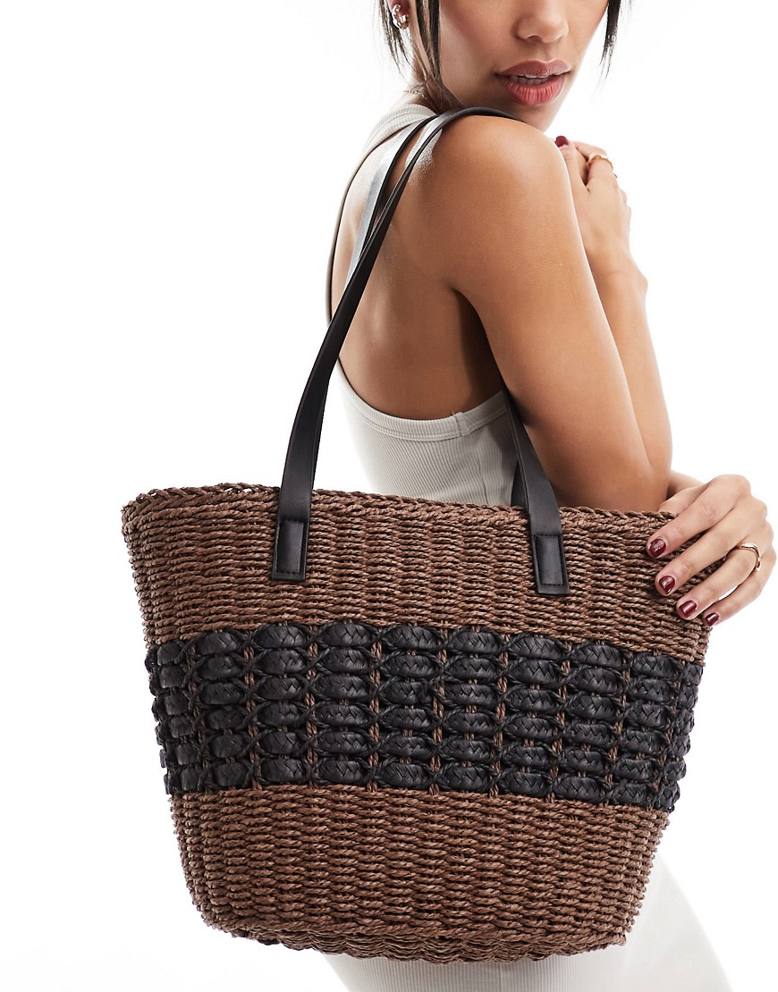 My Accessories two tone straw tote bag in brown and black-Multi