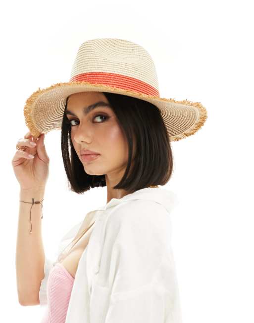 My Accessories - Verstelbare fedorahoed met gerafelde rand en rode rand in naturel