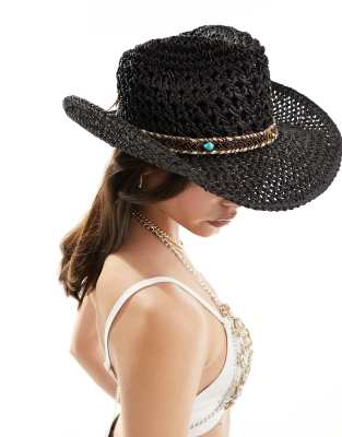 My Accessories - Verstellbarer Cowboy-Strohhut in Schwarz mit perlenbesetztem Band