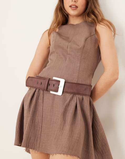 My Accessories wide square buckle belt in brown and brushed silver - view 1