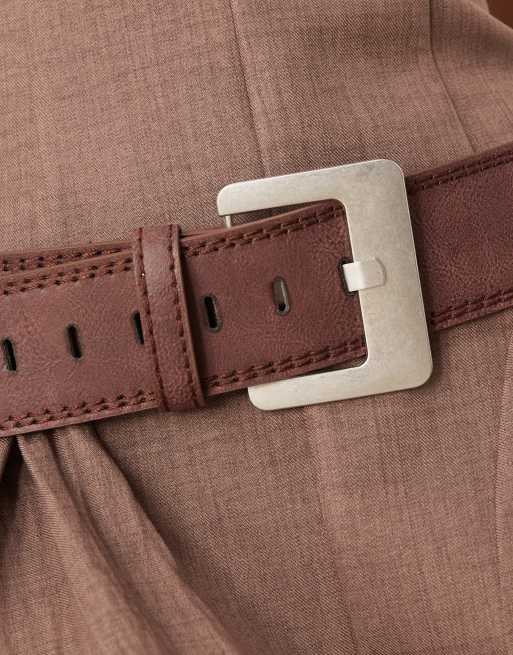 My Accessories wide square buckle belt in brown and brushed silver, 2 of 3