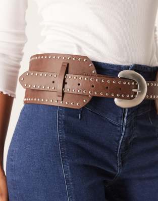 My Accessories Wide Studded Belt In Brown