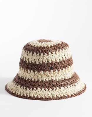 My Accessories Woven Straw Striped Bucket Hat In Brown