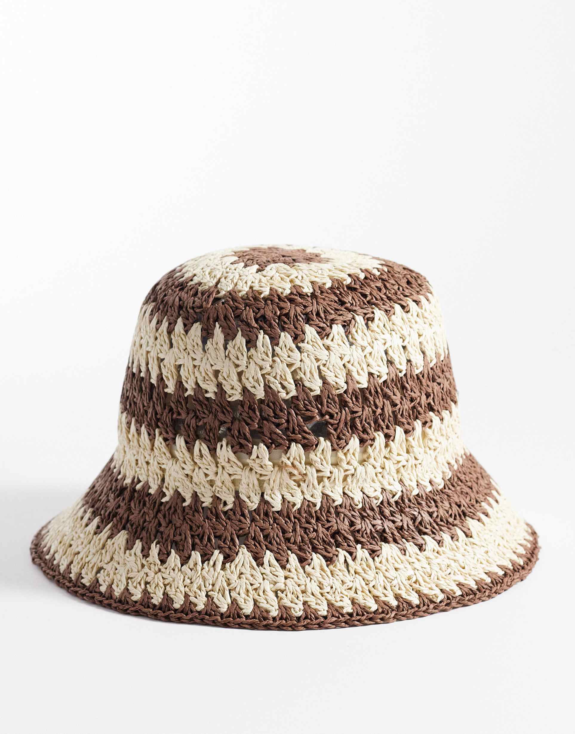 my accessories woven straw striped bucket hat in brown & cream