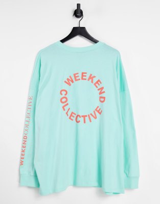 фото Мятный oversized-лонгслив с логотипом на спине asos weekend collective curve-зеленый