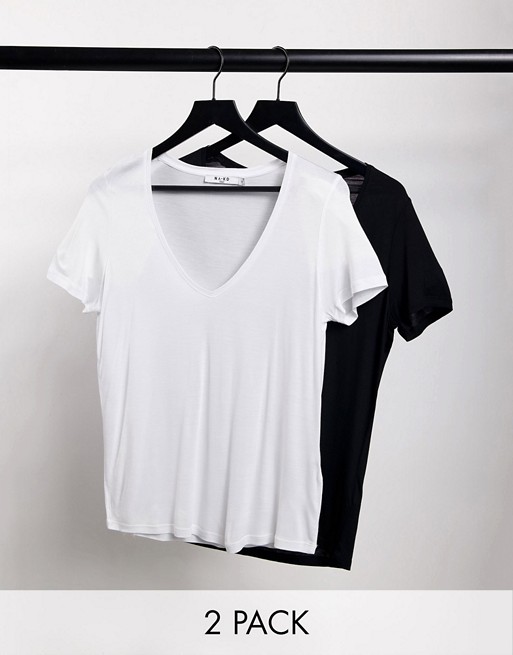 NA-KD 2 pack v neck t-shirt in black and white