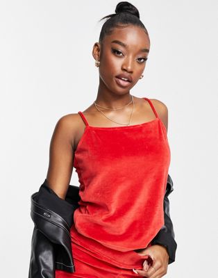 NA-KD 3 piece velour cami top in red