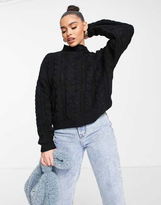 NA-KD all over cable knitted sweater in black
