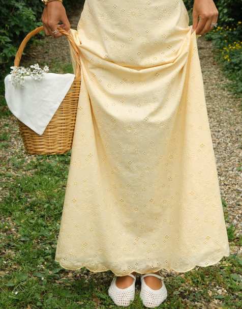 NA-KD Anglaise scallop edge maxi dress in light yellow