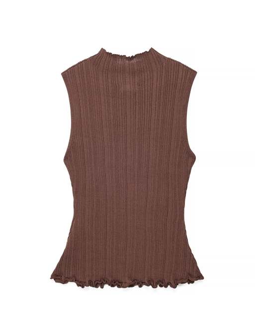 NA-KD – Ärmelloses Strickoberteil in Braun mit Rüschendetail, 5 von 5