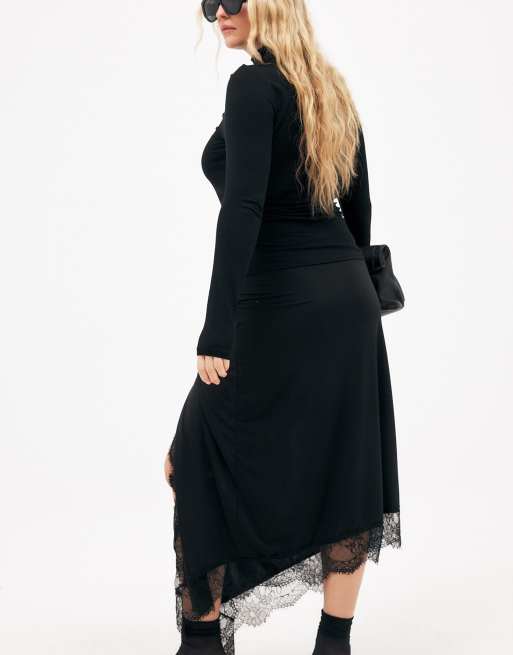 NA-KD Asymmetric lace midi skirt in black, 3 of 5