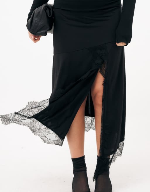 NA-KD Asymmetric lace midi skirt in black, 5 of 5