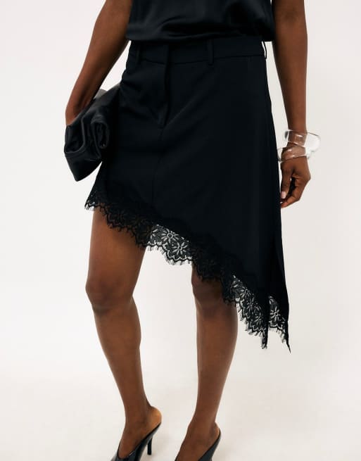 NA-KD Asymmetric lace mini skirt in black, 4 of 4