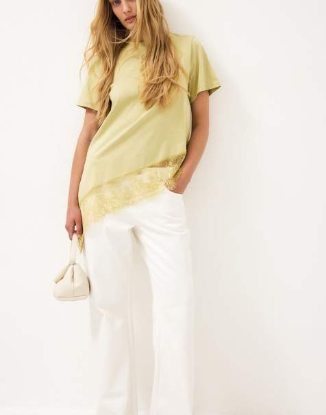 NA-KD Asymmetric lace t-shirt in sage green - view 1
