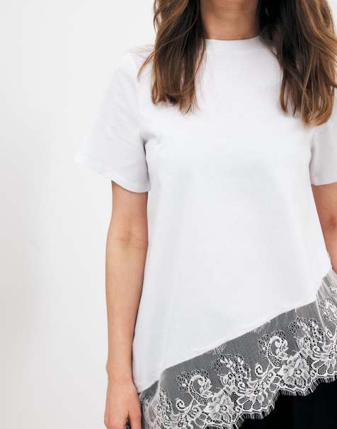 NA-KD Asymmetric lace t-shirt in white - view 1