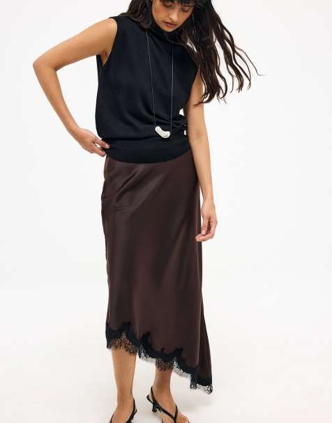 NA-KD Asymmetric satin lace midi skirt in brown - view 1